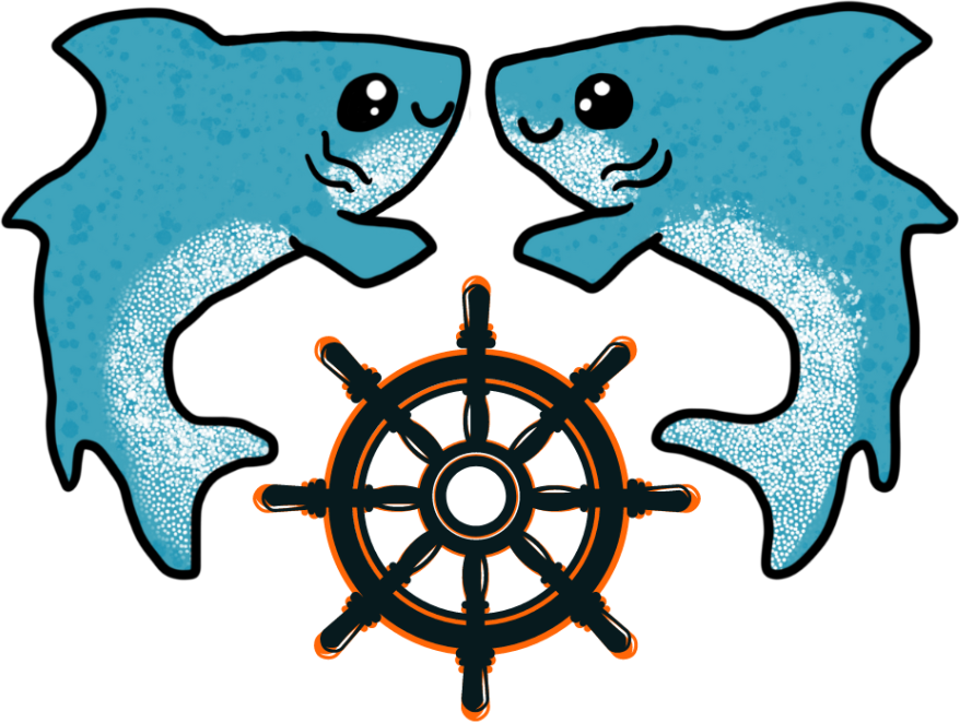 Blue Shark Friends Logo - two friendly looking cartoon sharks facing inward, flanking an old fashioned ship's wheel